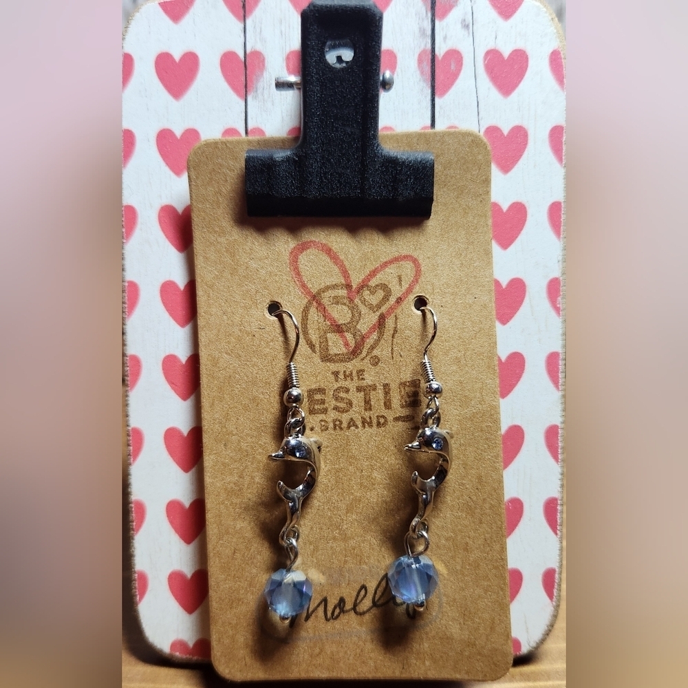 Handmade Silver in Color Dangle Drop Dolphin Charm  Earrings with Blue Gemstone